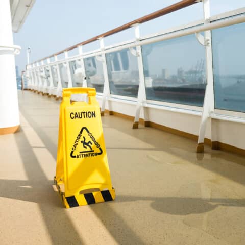 Wet floor sign on deck of cruise ship