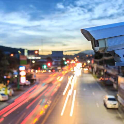 Image of a traffic camera viewing a busy street